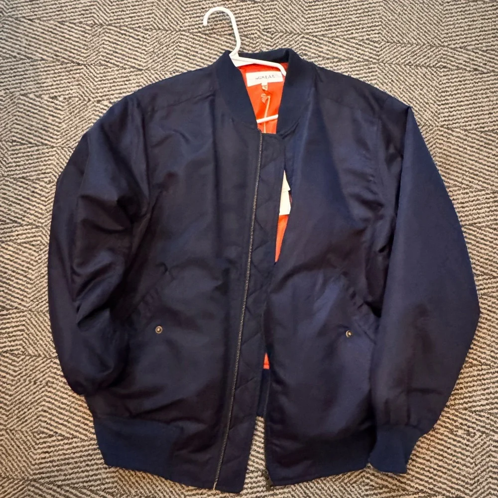 THE GREAT. Navy Bomber Jacket with Orange Lining NWT - Picture 2 of 11